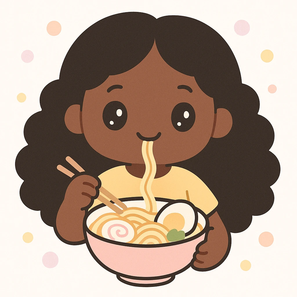 dark skin African American girl with long curly black hair, wearing a yellow shirt, eating a bowl of ramen, kawaii style emoji