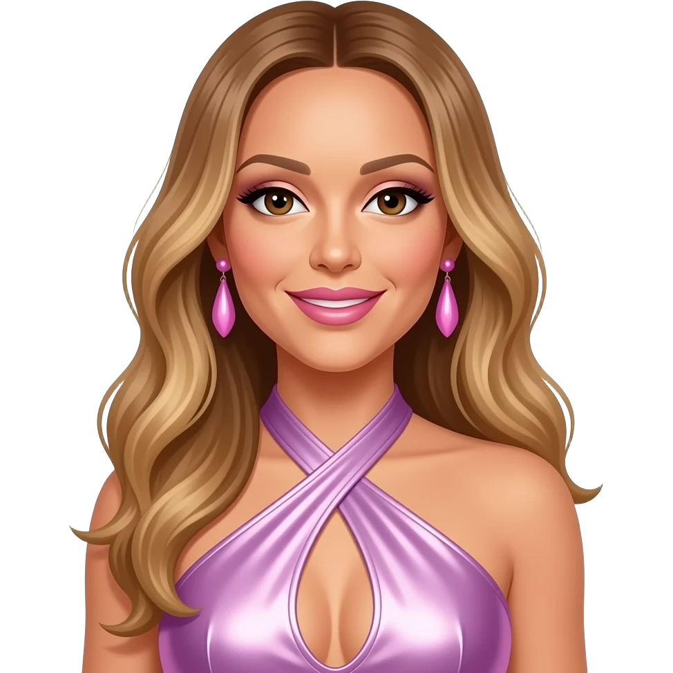 Mariah Carey with brown eyes, long golden brown hair, white eyeshadow, pink lipstick, lavender pink metallic halter dress, pink earrings emoji