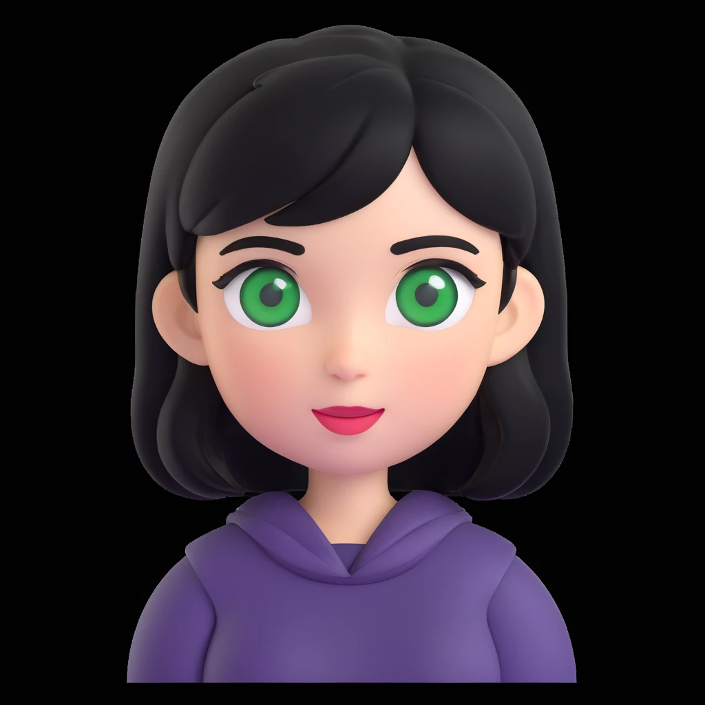 girl with black hair and green eyes, memoji style, playful expression, white background emoji