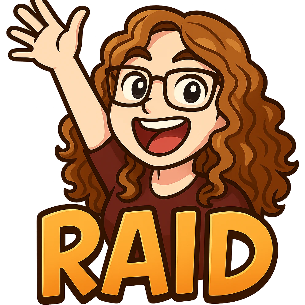 Create a Twitch raid emote of the person in the reference photo in an energetic pose. Use a bold and expressive style. Include the word 'RAID' in fun lettering. Transparent background. emoji