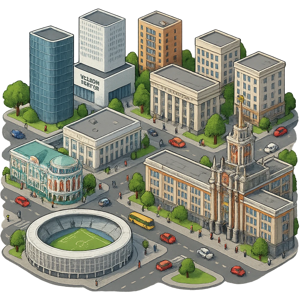 Изометричная миниатюрная фотореалистичная 3D модель Екатеринбурга - Дом Севастьянова, Ельцин-центр, Уральский федеральный университет, дома, Екатеринбург Арена, Штаб-квартира Русской медной компании, Здание Свердловского городского совета народных депутатов, четкие линии, яркие цвета, мультяшный реализм, люди, автотранспорт, компактная композиция, вид сверху в изометрии, прозрачный фон emoji