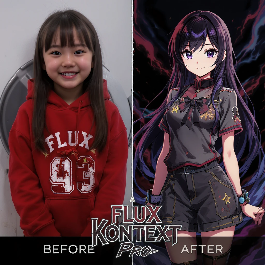 create before after image of a girl before is realsitic photo, after is anime version of her in same pose and clothes, add logo with text of a "FLUX Kontext Pro" emoji