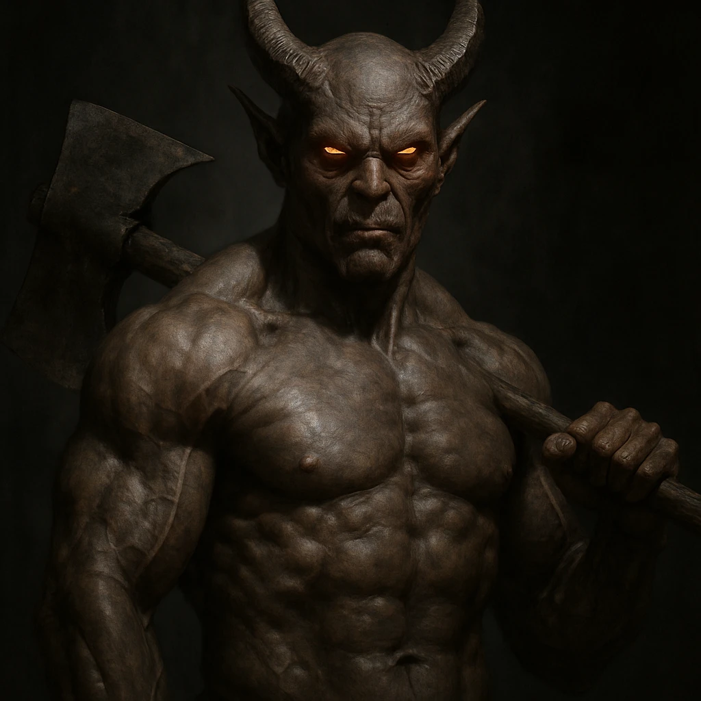 realistic demon with an axe, muscular build, dark background, glowing eyes emoji