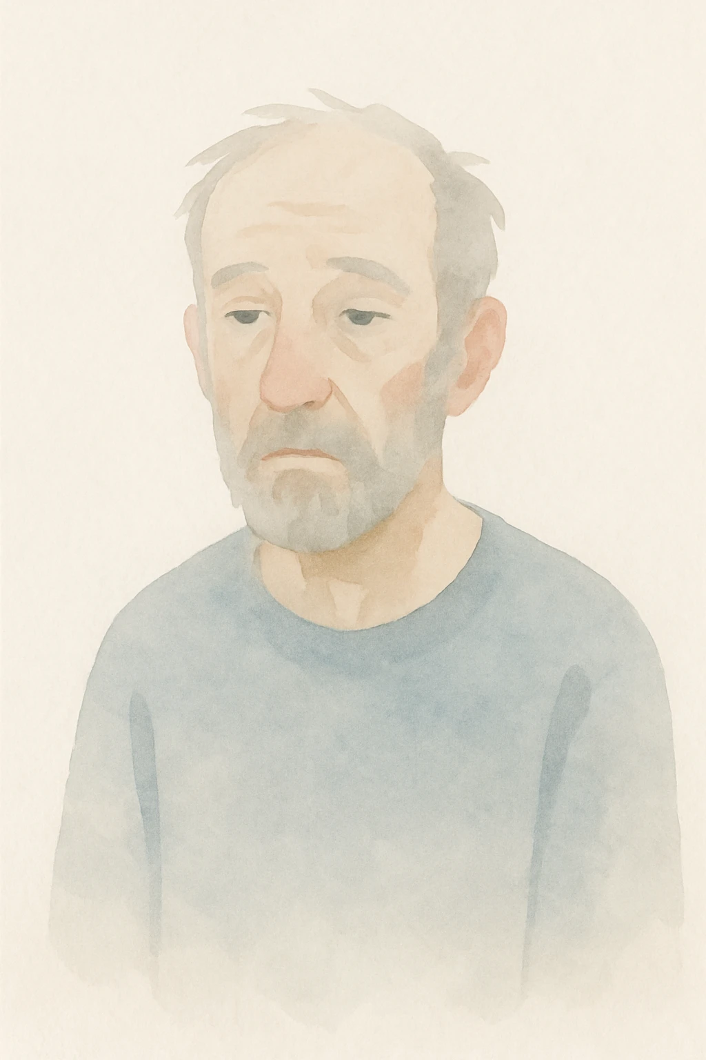 70 year old tired man, lost gaze, light skin, unkempt beard, painterly style, soft colors, blurred background emoji
