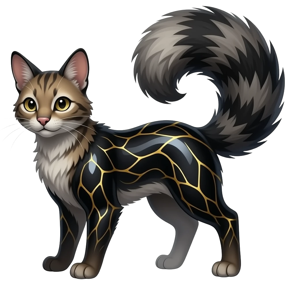 Hyper realistic obsidian fur etched with molten gold fault-lines and dark mirror shine beautiful elegant pretty precious cute Fakémon-Pokémon-opossum-feline-serval-caracal-chinchilla-Furret-Minccino-hybrid-creature with a big fluffy bushy tail (full body) emoji