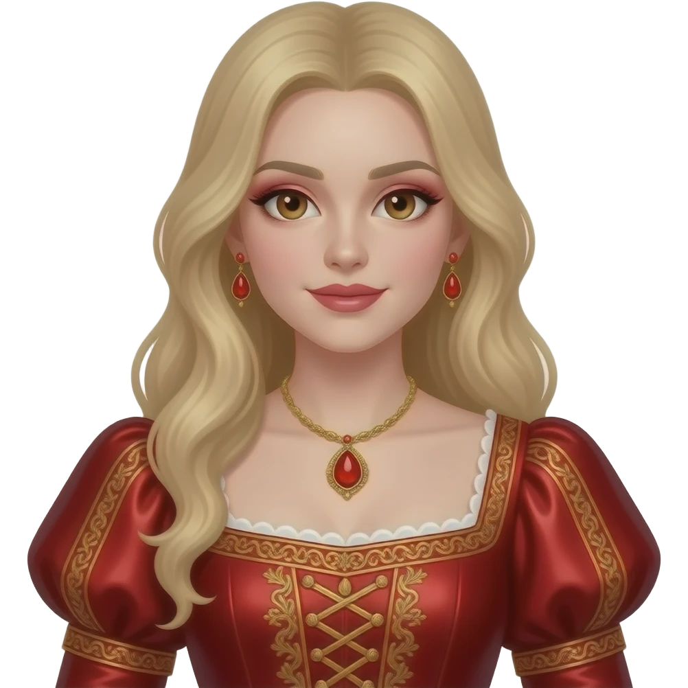 Noraverse with brown eyes, long golden blonde hair, red eyeshadow, pink lipstick, ruby red metallic queen anne dress, red necklace and earrings emoji