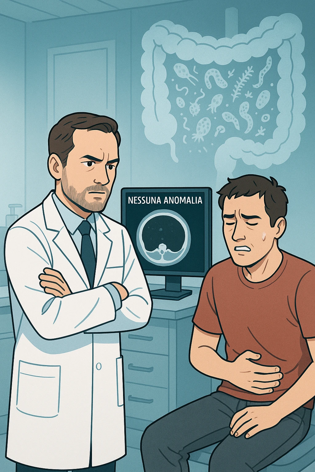 Medico in camice bianco in uno studio moderno, mentre osserva una TAC o ecografia su uno schermo con espressione convinta. Accanto a lui, un paziente seduto che lamenta dolori intestinali. Sullo sfondo, un’immagine traslucida dell’intestino pieno di piccoli parassiti stilizzati (vermi, protozoi), non visibili nel monitor medico. Il monitor mostra 'nessuna anomalia', ma dietro c’è la realtà invisibile. Atmosfera clinica ma con contrasto simbolico tra 'ciò che si vede' e 'ciò che sfugge'. Colori freddi, luce ospedaliera in italiano emoji