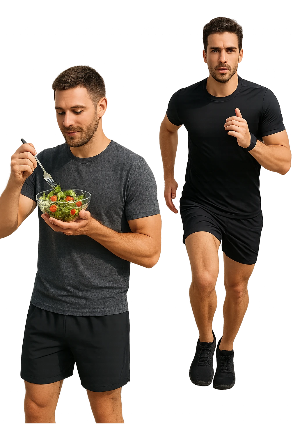 UOMO FITNESS CHE MANGIA INSALATA ACCANTO A UOMO FITNESS CHE CORRE IN POSA FRONTALE emoji