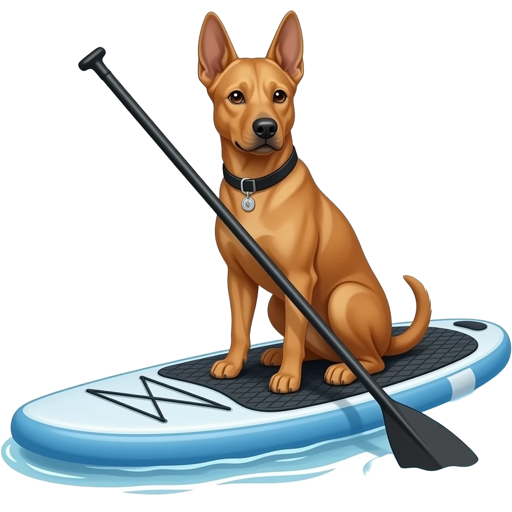 Podenco joung adult sitting sphinx like on sup front paddler on sea emoji
