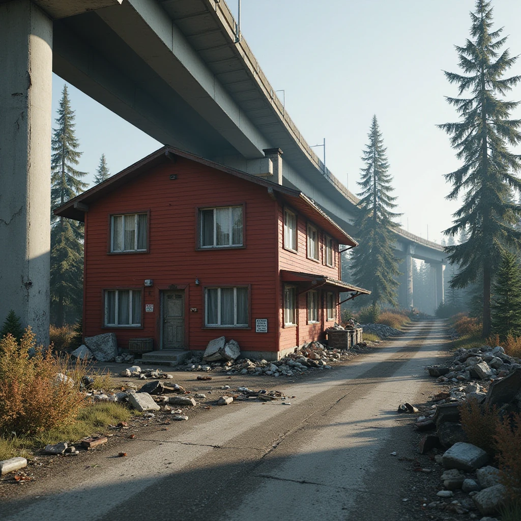  a screenshot of a location in a videogame  the image of the scene consists of:  [above-ground train freeway partially collapsed], a red 1980's construction wooden motel painted red, surrounded by war-torn pollution wreckage, wooded area emoji