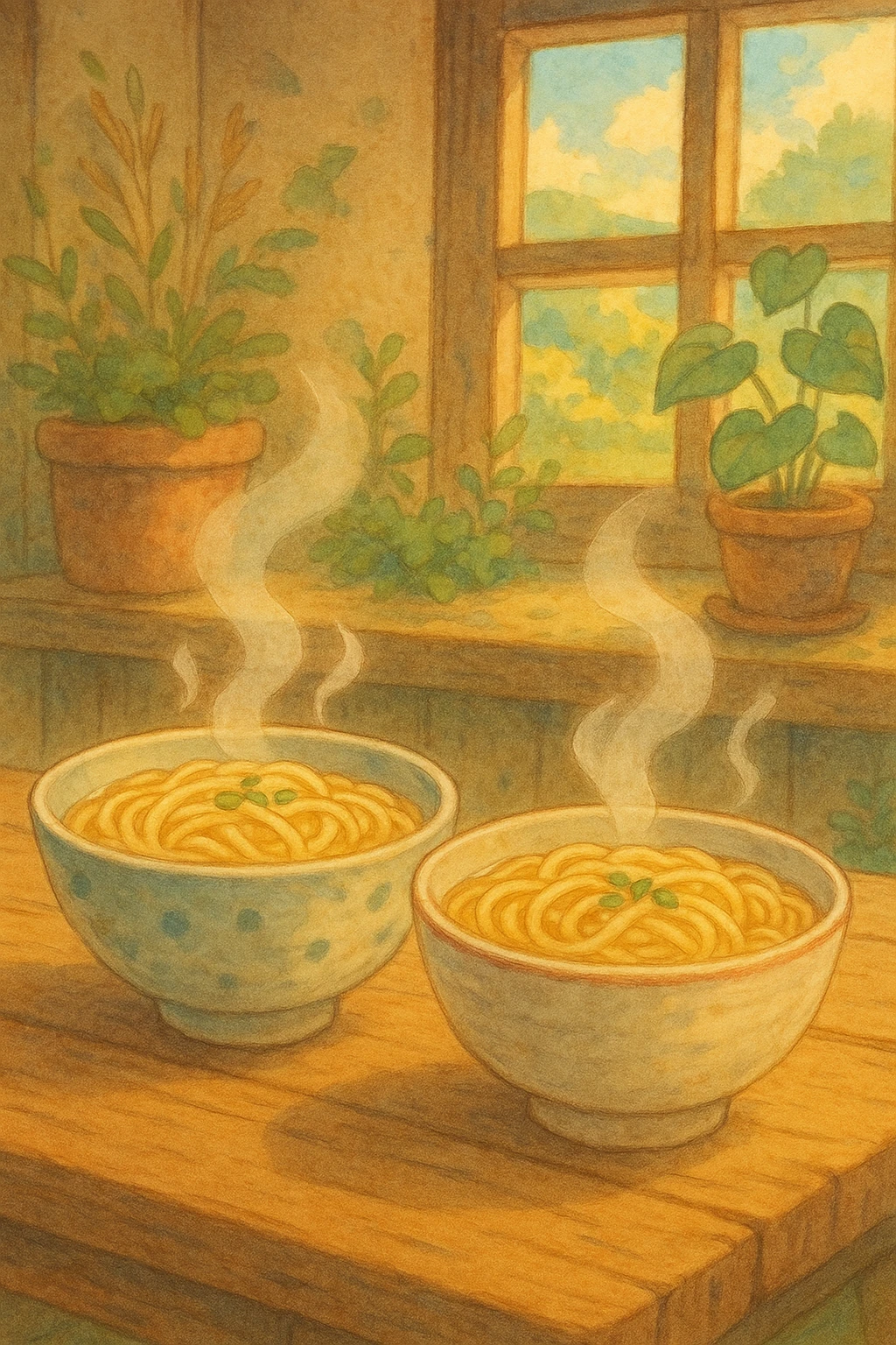 text: 2 w noodles in ghibli style emoji