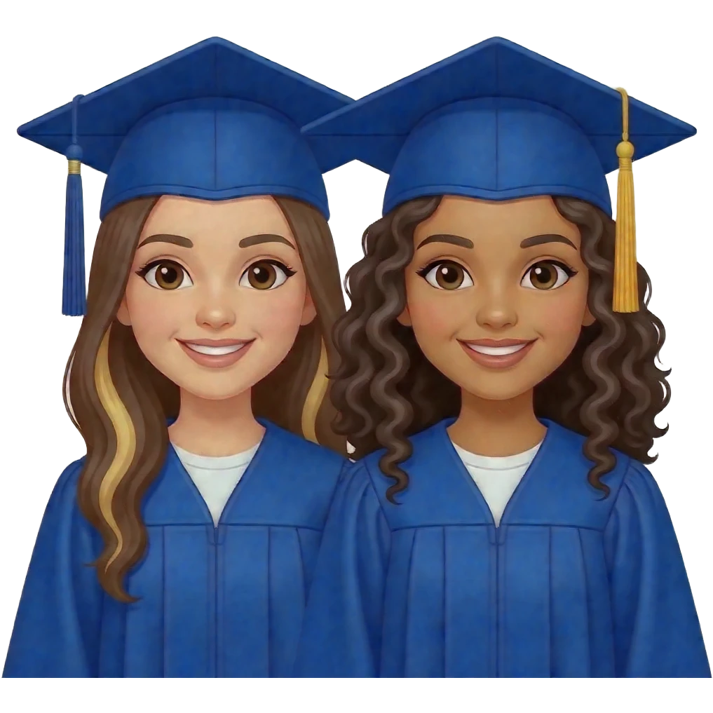 To Hispanic girls posing for a photo with a royal blue cap and gown one  with brown hair and some blond highlights and the other girl  with really curly  dark brown hair emoji