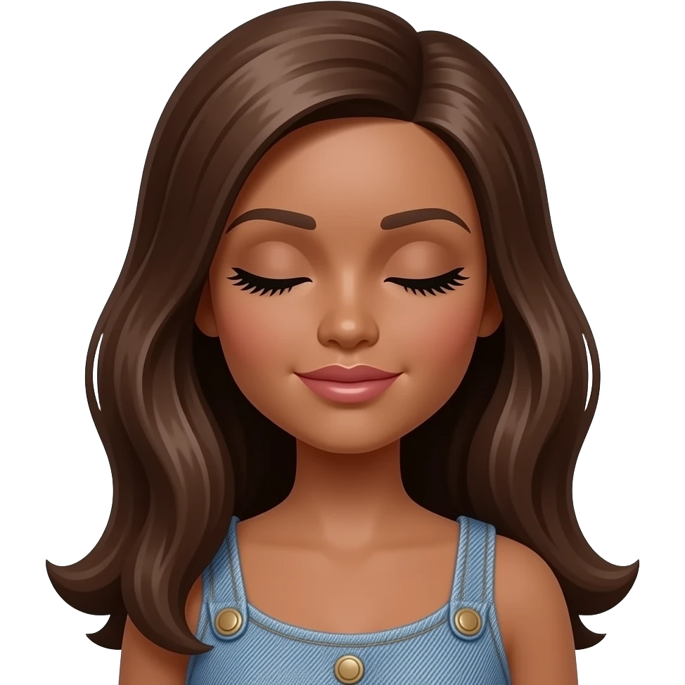 Brown skin brown hair eyes closed Barbie wearing neutral clothing having eyelash extensions applied emoji
