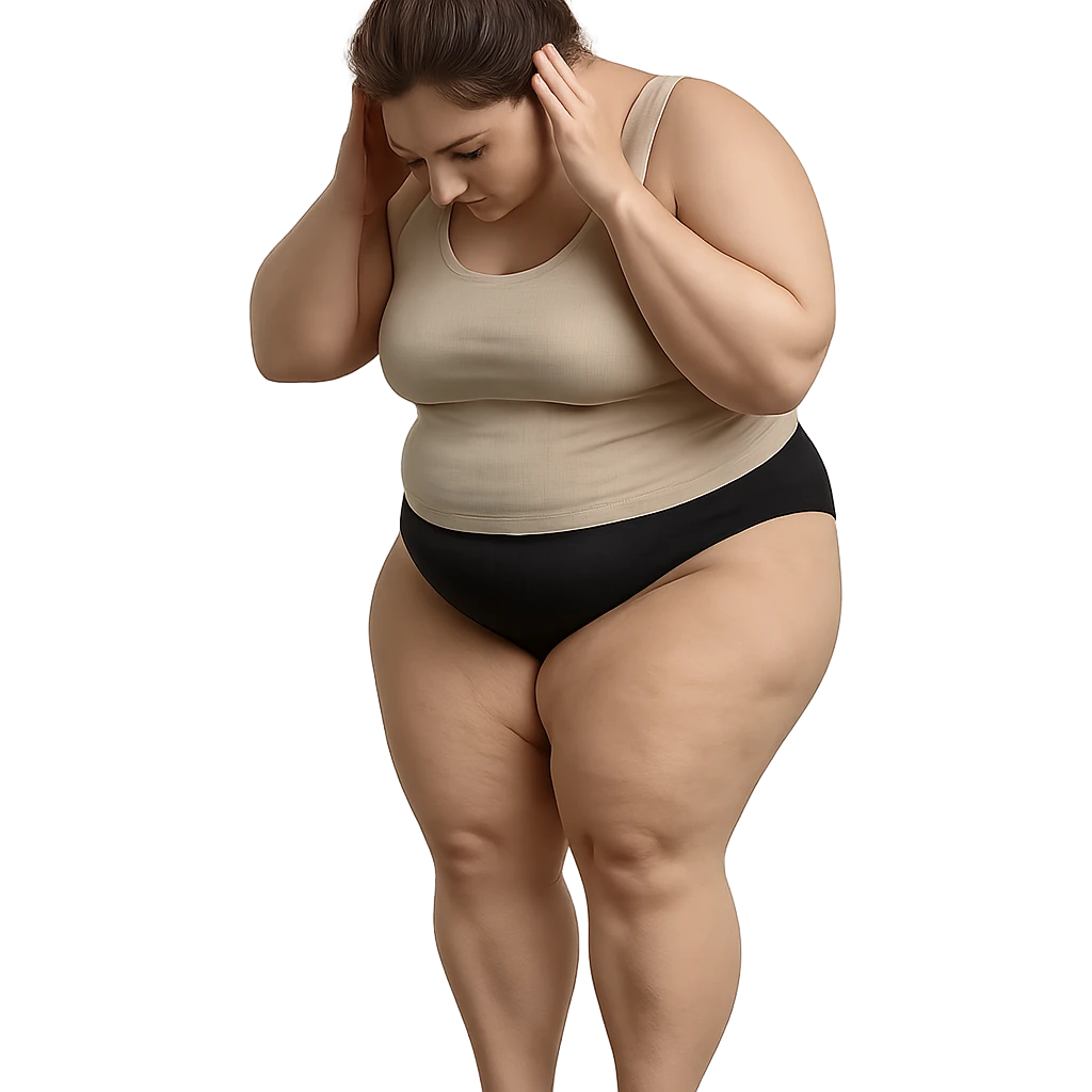 hyper realistic 4K woman weighing herself on a scale, fat on thighs and legs, normal physique, anatomical details, self-analysis atmosphere emoji