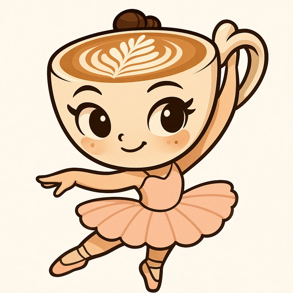 Create a cartoon emoji-style character of a ballerina with a cappuccino cup for a head, expressive eyes, and a tutu. Capture the whimsical, cute, and lively vibe, with a similar pose and lighting as the reference image. emoji