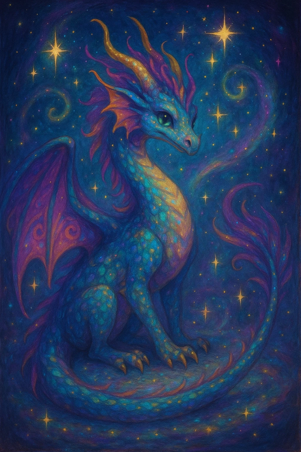 whimsical dragon with sparkles and magical aura, fantasy style, vibrant and enchanting emoji