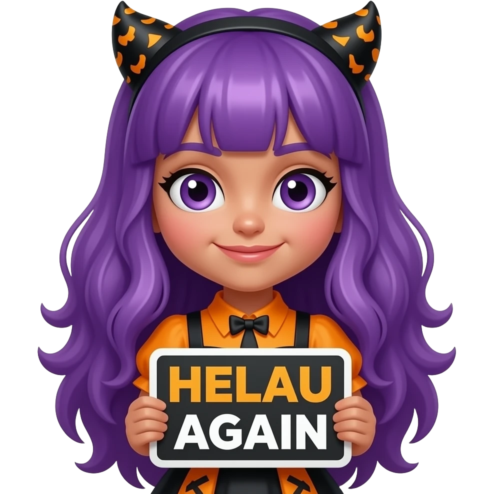 girl with long purple hair wearing a halloween costume holding a HELAU again sign emoji