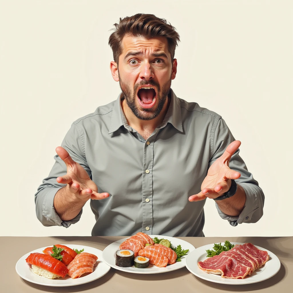 adult man refusing sushi, salami and cold cuts, disgusted expression, hands pushing away the plates, realistic style, light background emoji