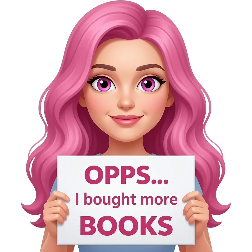 sexy girl with long pink hair and pink eyes holding a OOPS... I bought more BOOKS sign emoji
