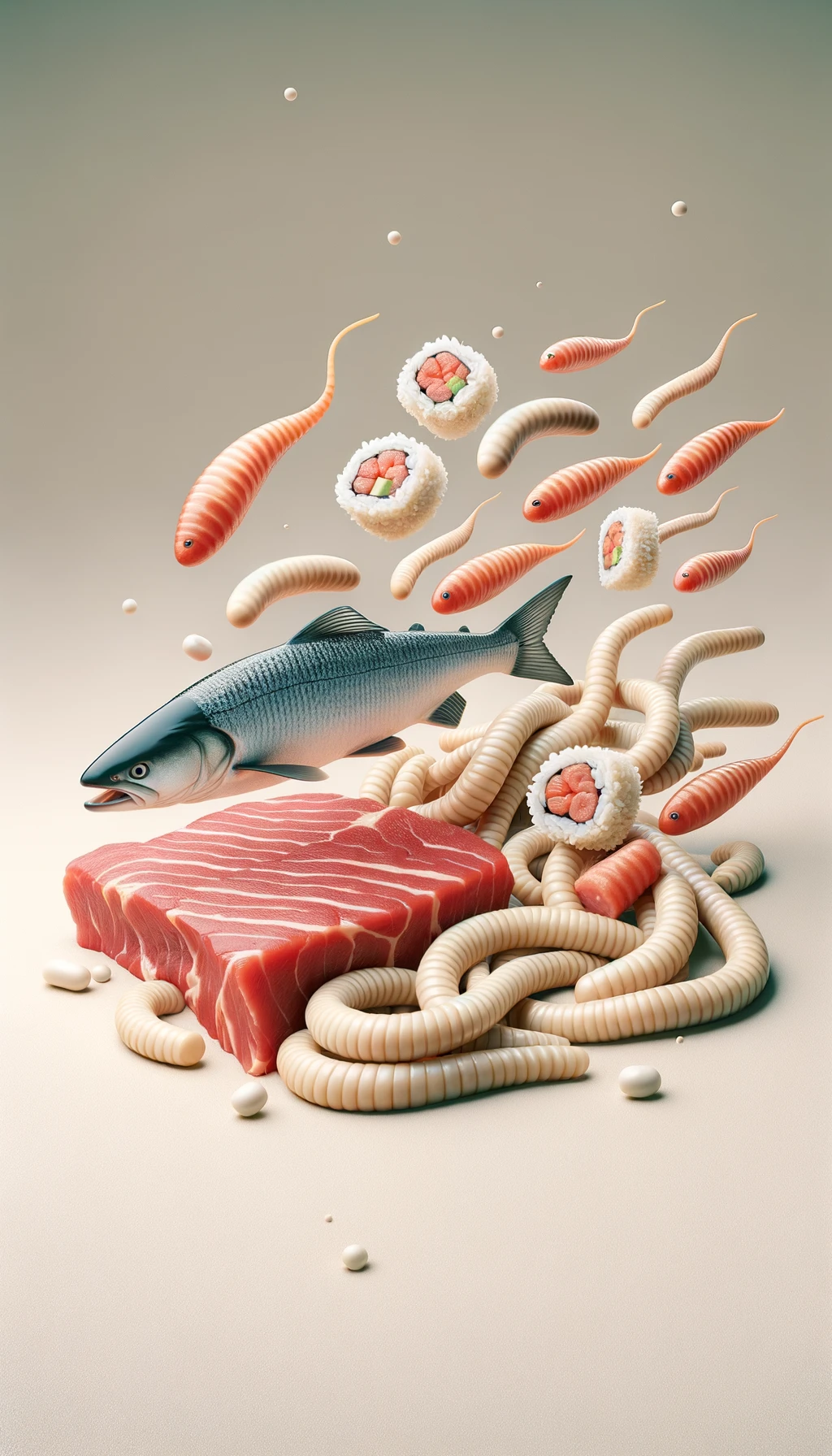 carne cruda fluttua insieme a pesce crudo (tipo sushi), intorno a loro fluttuano vermi lunghi e beige chiaro, sfondo neutro chiaro, iperrealistico 4k emoji