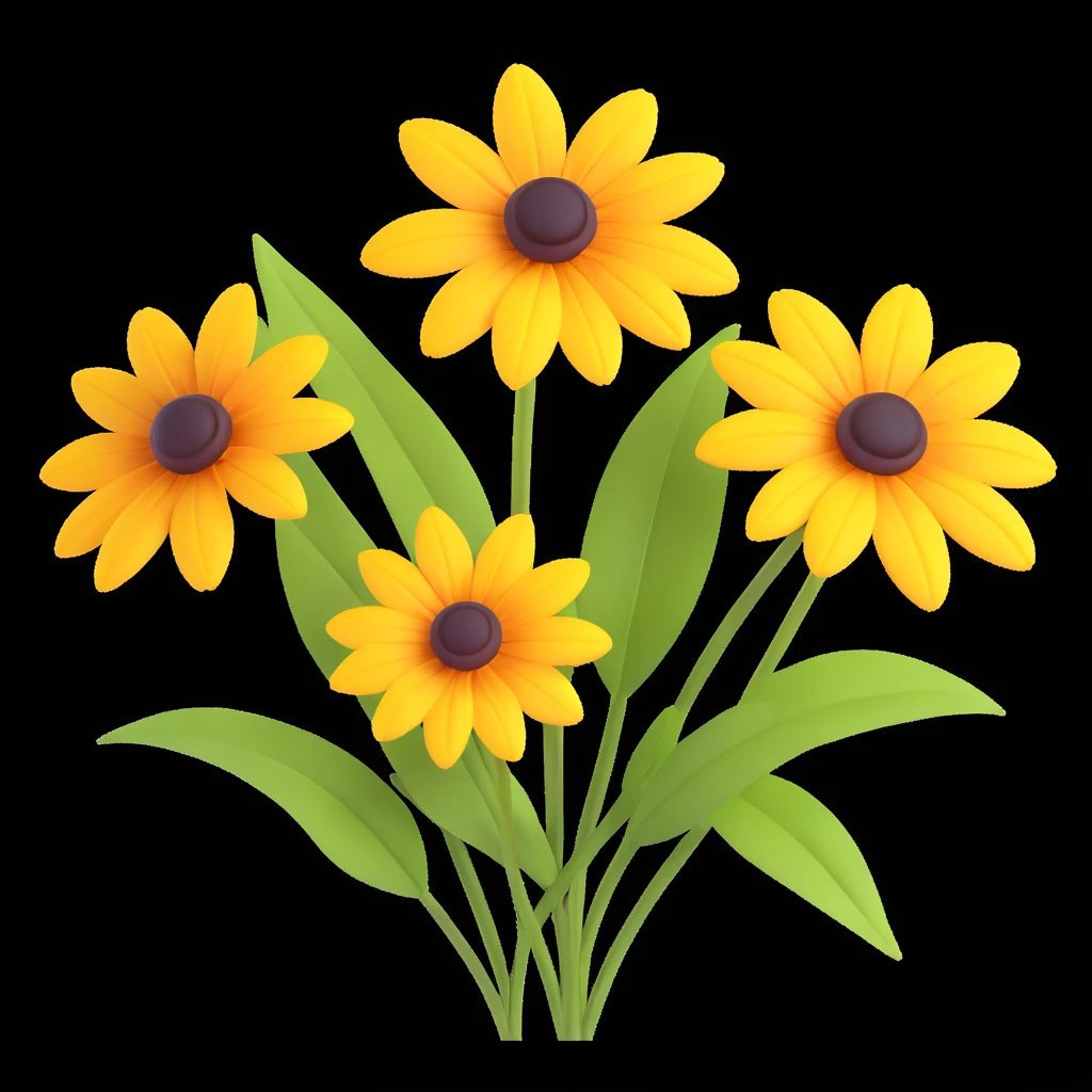 three yellow rudbeckia flowers with green leaves, 3D iOS style, soft shadows, realistic highlights, white background emoji