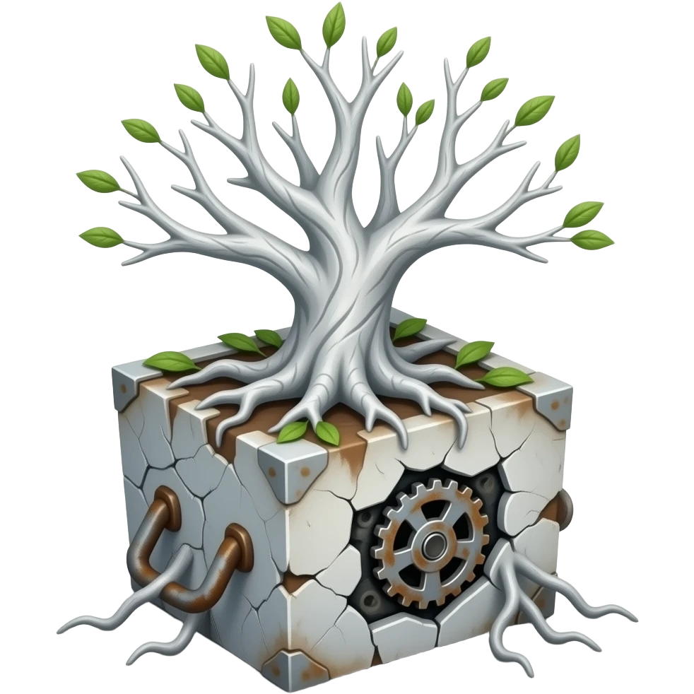 steampunk - white bare old tree grows from a dilapidated white box emoji