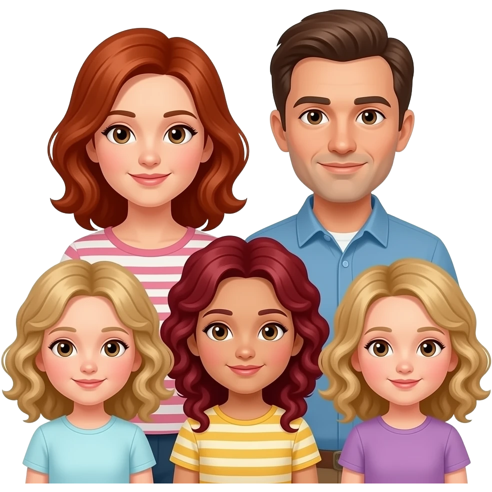 White Mom red-brown hair and brown eyes , brown hair Dad,  blonde curly hair 8 year old girl with brown eyes, a Red curly hair 12 year old Girl, and blonde curly hair 5 year 5 old girl emoji