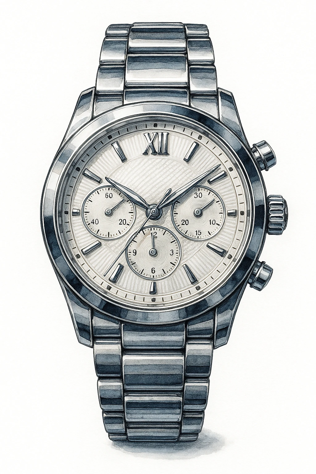 Сгенерируй мне часы металические, дорогие, в чуть рисованном стиле. На чисто белом фоне. БЕЗ НАДПИСЕЙ. Но при этом объмная и яркая emoji