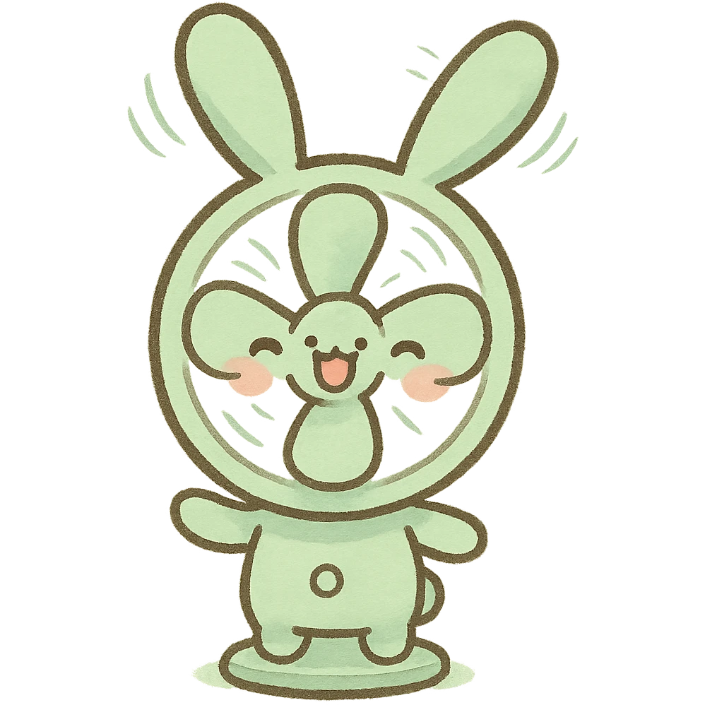cute electric fan bunny with ears spinning like blades, cheerful face, pastel green, full-body emoji