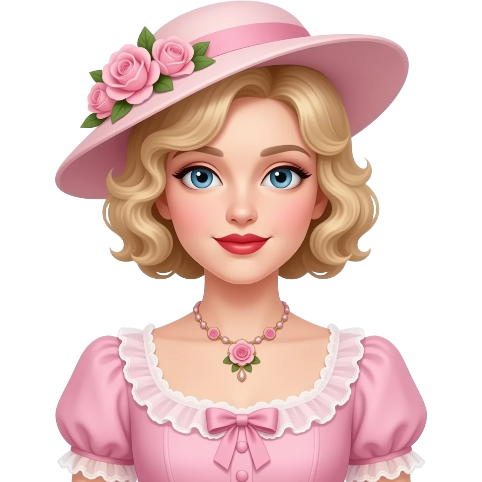 Victorian look with blonde short tight curls bob hair side swept in a light pink Victorian dress, antique pink flowers necklace and light pink Victorian hat with flowers, red lipstick emoji