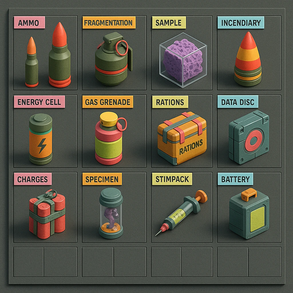 a virtual display, a gray grid with darker gray cells, each cell containing an item viewed in isometric minimalism render The cells have pastel neon colored labels in their upper corner, indicating various traits of the items. retrofuturism, circa 2880's.
The items are scientific and military in nature - varieties of munitions, scientific samples, rations, data storage, utilities. There are two arrays of grids, one left, one right. Each array has a few empty spaces at the bottom. "CAD RENDERED PHOTOREALISM" brutalism. the items are adorned in a combination of  bright colors, neon-safety, early 90's pallet, with muted gray tones in EVEN BALANCE. emoji