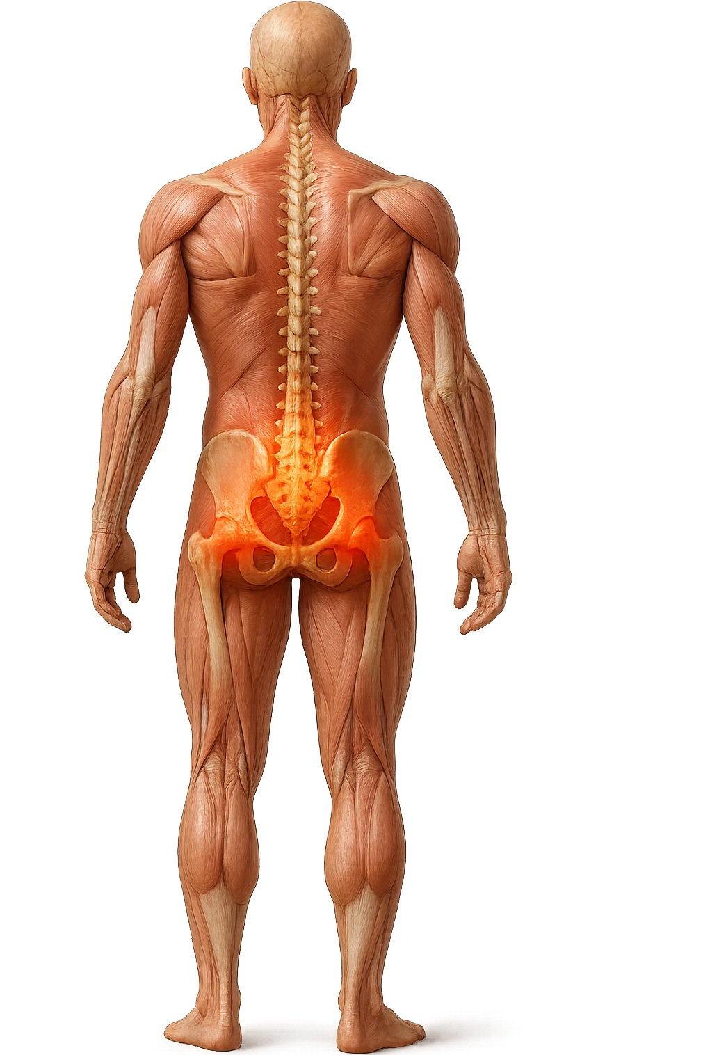 CORPO UMANO ANATOMICO A FIGURA INTERA REALISTICO DI SPALLE CON DOLORE ALLA LOMBARE INFIAMMATA, DOLORE ALL'ANCA, IPERREALISTICO 4K emoji