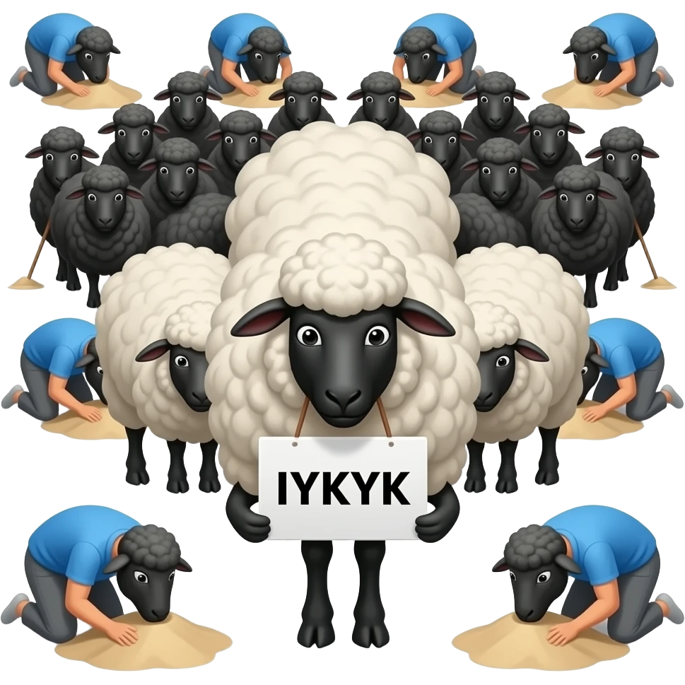 Black sheep with a sign saying “IYKYK. The black sheep is surrounded a flock of black sheep. and in the background is people Burying their heads in the sand in blue tops. make it a full black sheep the wool is black. emoji