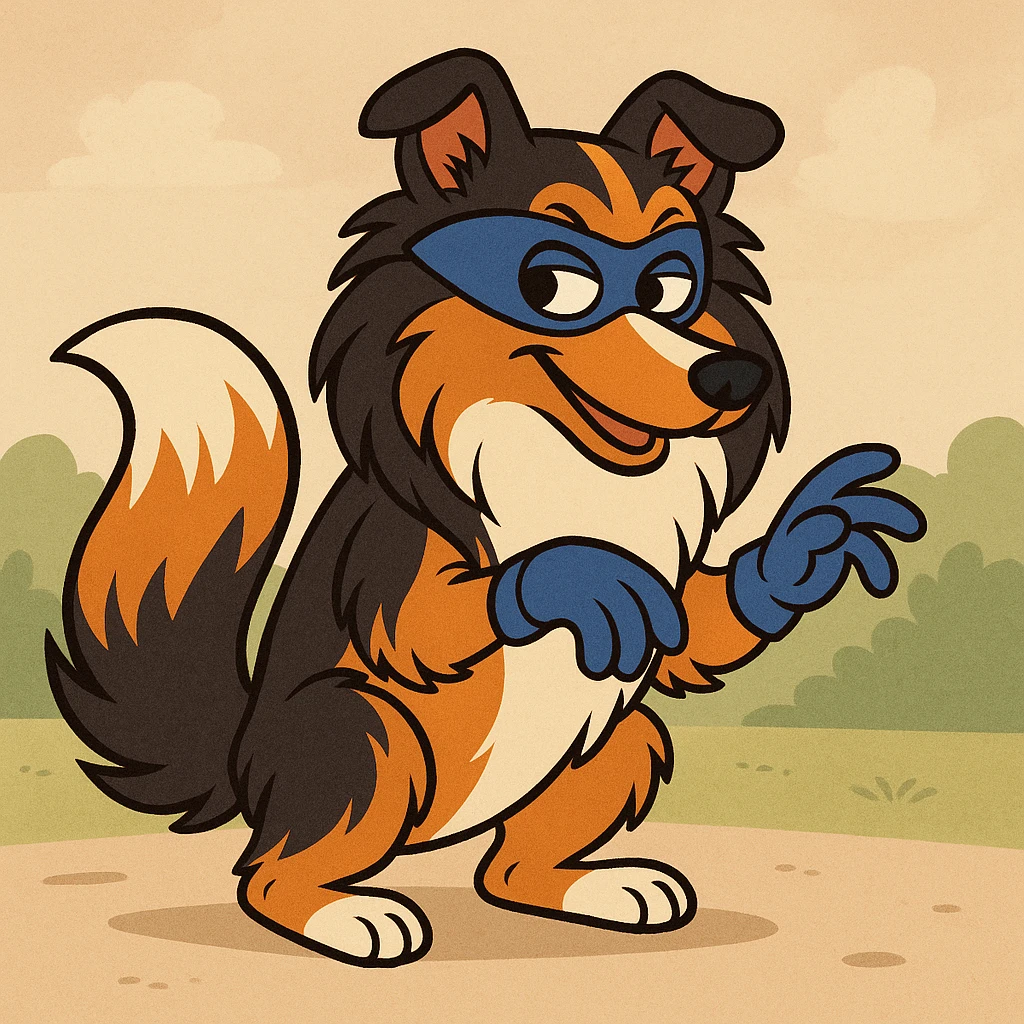 A tricolor Shetland Sheepdog cosplaying as Swiper from Dora the Explorer, with a blue mask, blue gloves, and orange fur, playful and sly, cartoon style emoji