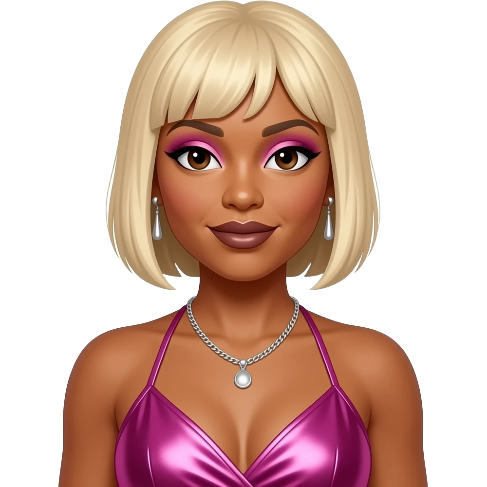 Tionne T-Boz Watkins of TLC with dark brown eyes, blonde short hair with long hair front, pink eyeshadow, dark brown lipstick, hot pink metallic halter dress, silver necklace and earrings emoji