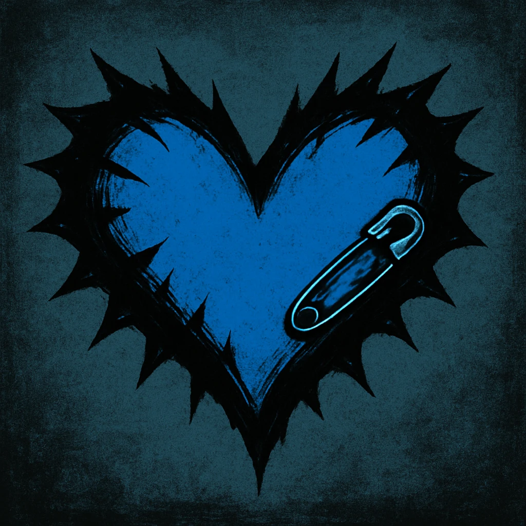 emo heart with jagged edges, black and blue colors, small safety pin detail, modern emo aesthetic emoji