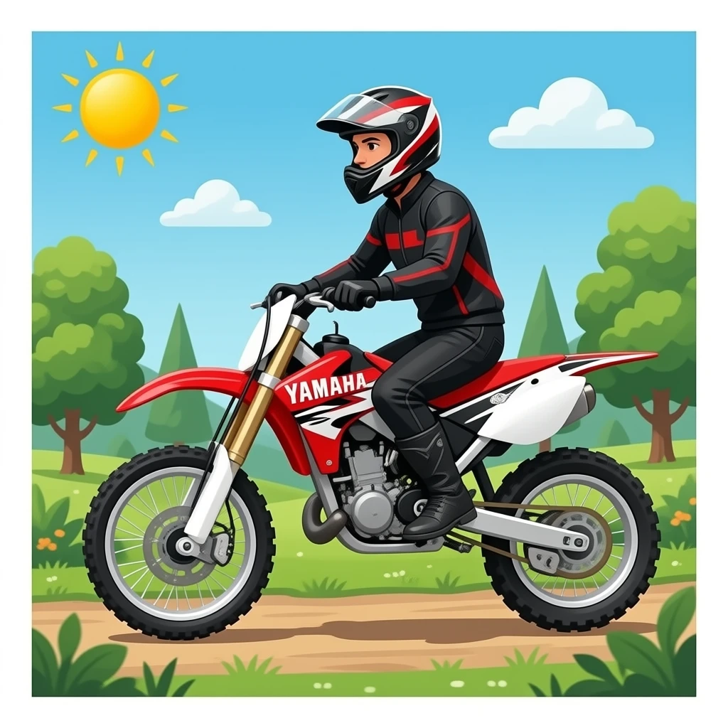 offroad Yamaha 690cc motorcycle red black & white with man in helmet riding in bushy area emoji