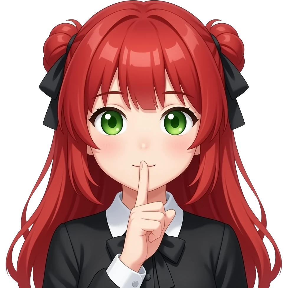 anime girl shush red hair green eyes black blouse with white collar emoji