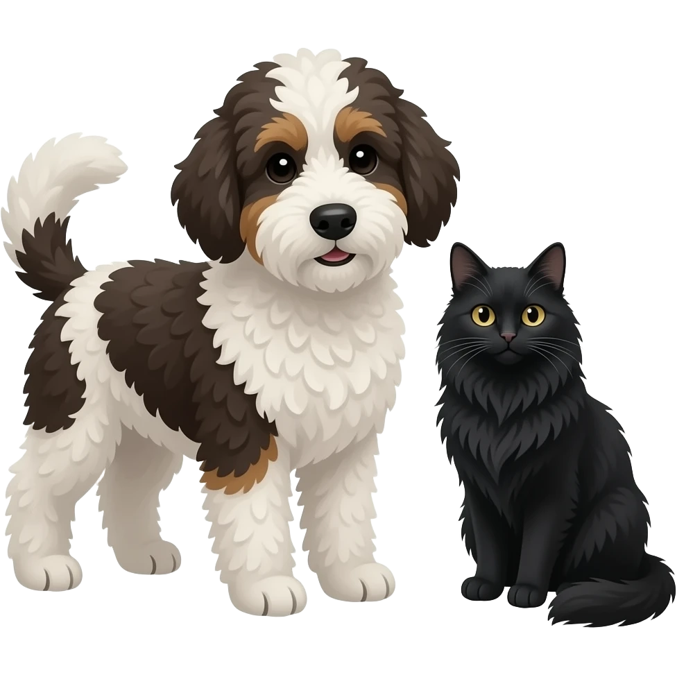 mini black, white, brown & merle bernedoodle next to a long haired black cat emoji