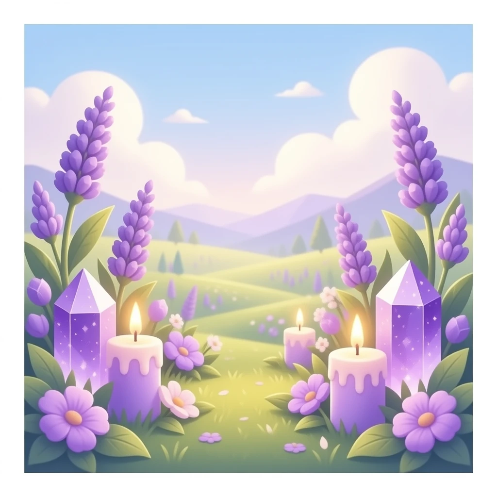 Aesthetic scenic romantic lavender lilac pastels beautiful gorgeous holy divine spiritual pretty elegant sparkly shiny scene of Candles, flowers, plants leaves, amethyst crystals, scenic aesthetic scenery emoji