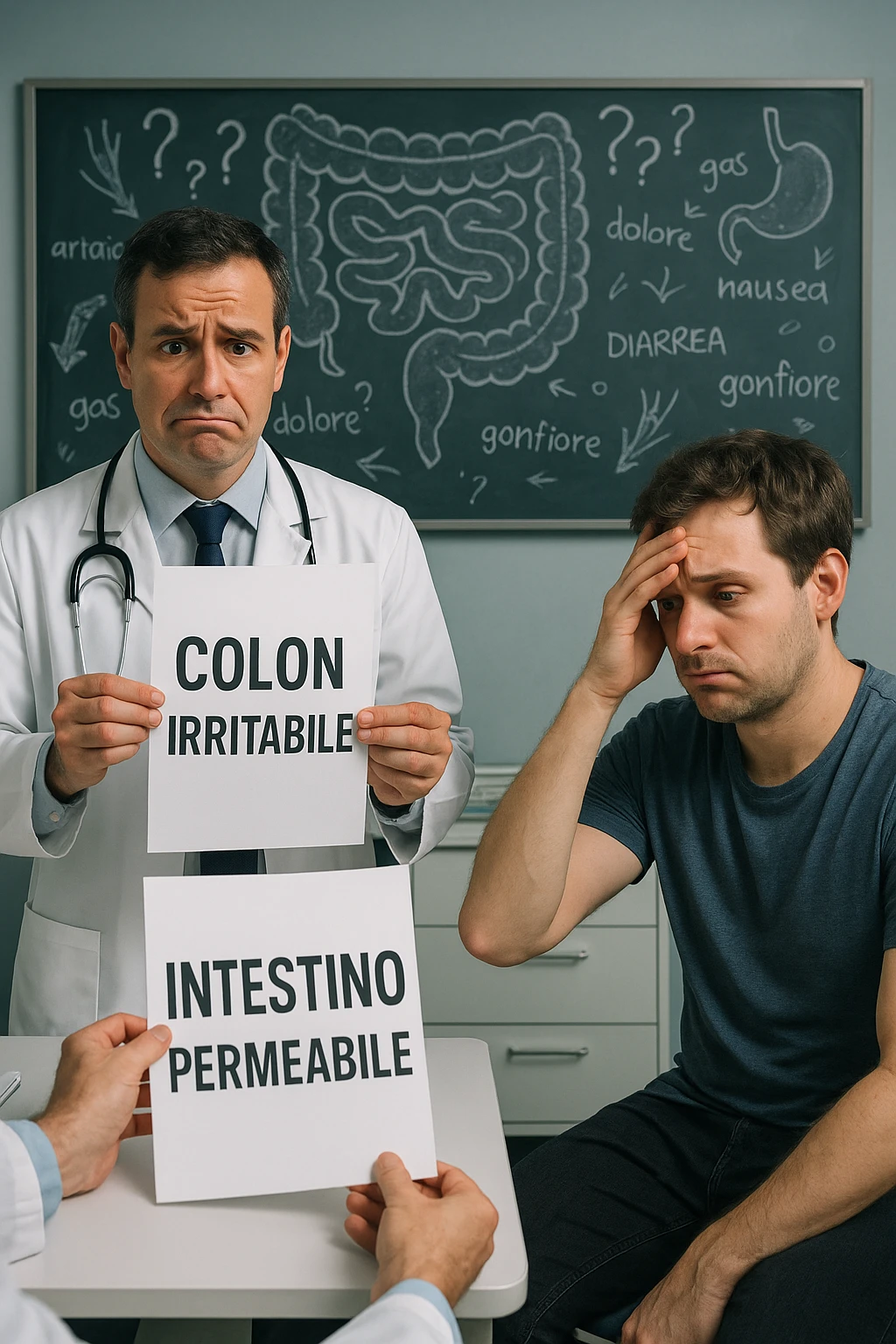 Scena clinica con un medico confuso in camice bianco davanti a un paziente seduto. Il medico ha tre fogli in mano, e li mostra uno alla volta con espressione incerta: il primo dice 'SIBO', il secondo 'Colon Irritabile', il terzo 'Intestino Permeabile'. Il paziente ha un’espressione confusa e scoraggiata, con una mano sulla fronte. Sullo sfondo una lavagna caotica con disegni di intestino e sintomi ovunque. Stile realistico con tocchi ironici, toni freddi da ambulatorio ma con un messaggio visivo forte di incertezza diagnostica. in italiano emoji