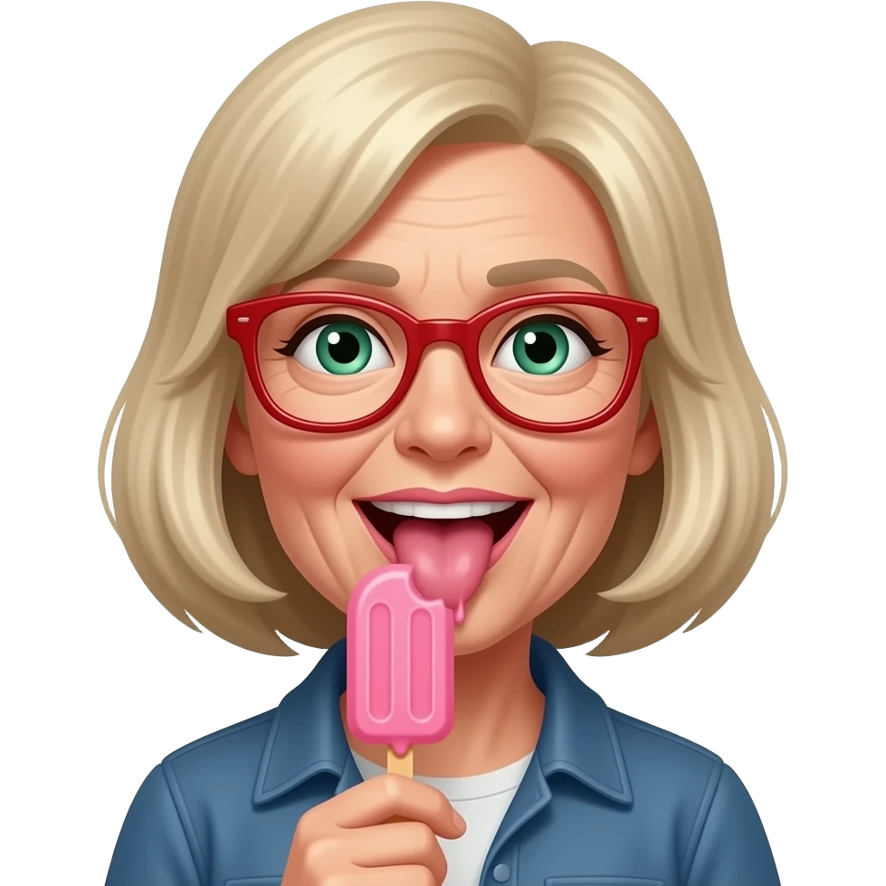 Lizanie loda przez starszą  kobietę i szczuplejszej  twarzy na patyku w kolorze różowym językiem włosy blond zielone oczy i okulary w kolorze czerwonym, kapiąca ślina emoji