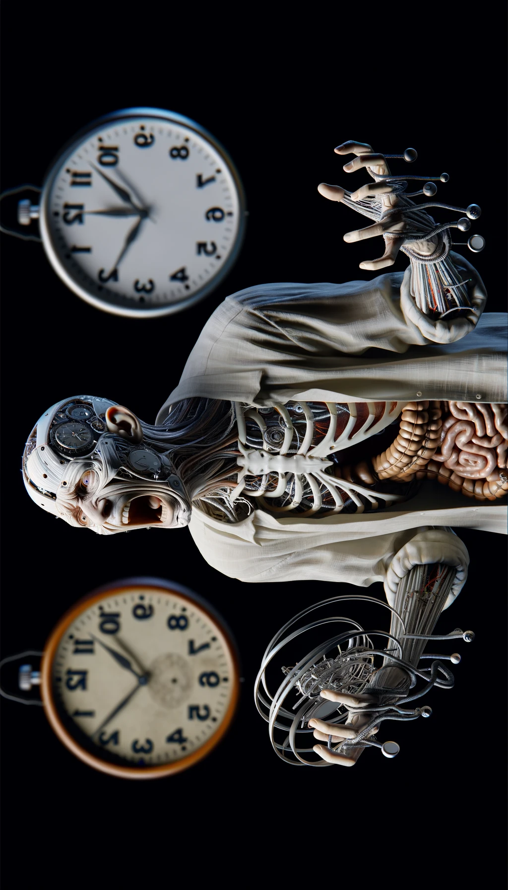 corpo umano anatomico CHE TIENE OROLOGI NELLE MANI E STA IMPAZZENDO PERCHé NON RIESCE A SVOLGERE TUTTE LE SUE ATTIVITà QUOTIDIANE: NON HA TEMPO, iperrealistico 4k emoji