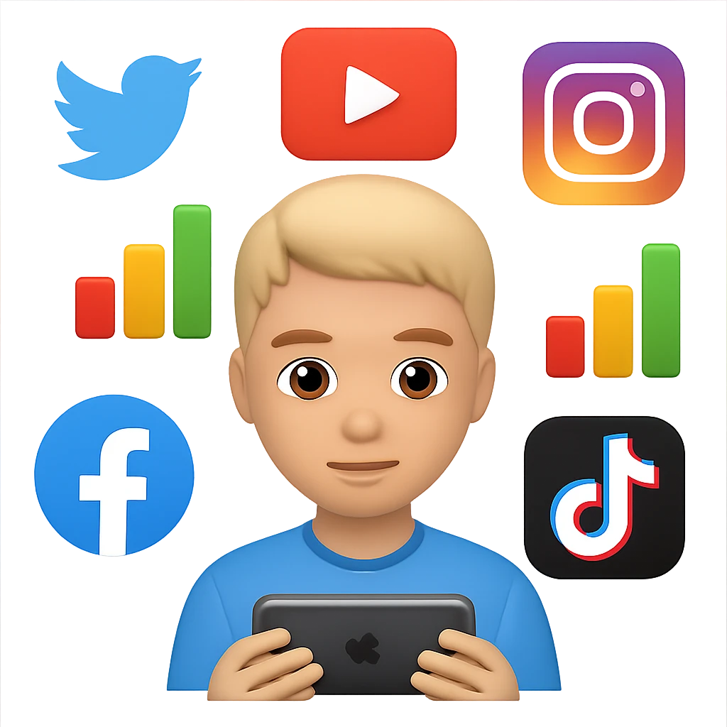Add more social media icons around the person with charts in the style of apple emojis, with no background. emoji