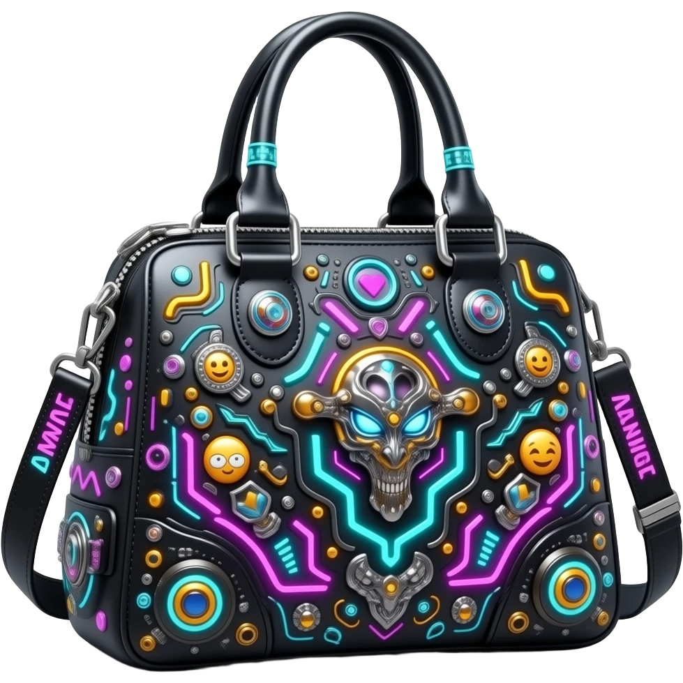 Unrealistic Alexander Wang bag, in an futuristic cyberpunk style with different neon and black colors, highly detailed embellishments, 8k hd quailty, high definition. Must have no emoji faces, no emoji icons, must be isolated, 3d rendering. emoji