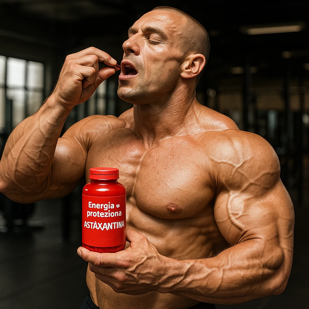 hyper realistic bodybuilder taking astaxanthin before workout, well visible muscles, red bottle, text 'Energia e protezione', gym environment, realistic details emoji