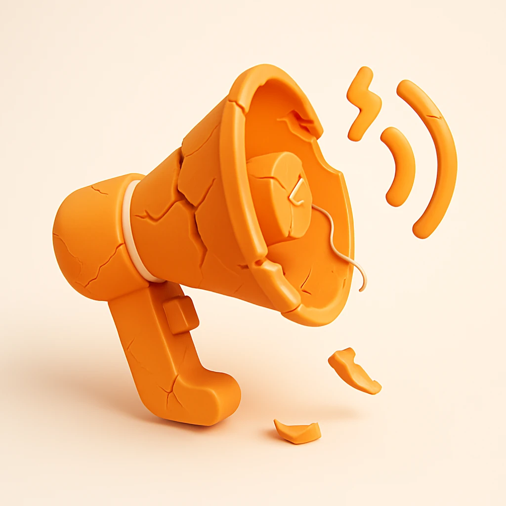 Make the broken megaphone look even more damaged by adding dents, missing pieces, exposed wires, and more cracks in 3D orange style. emoji