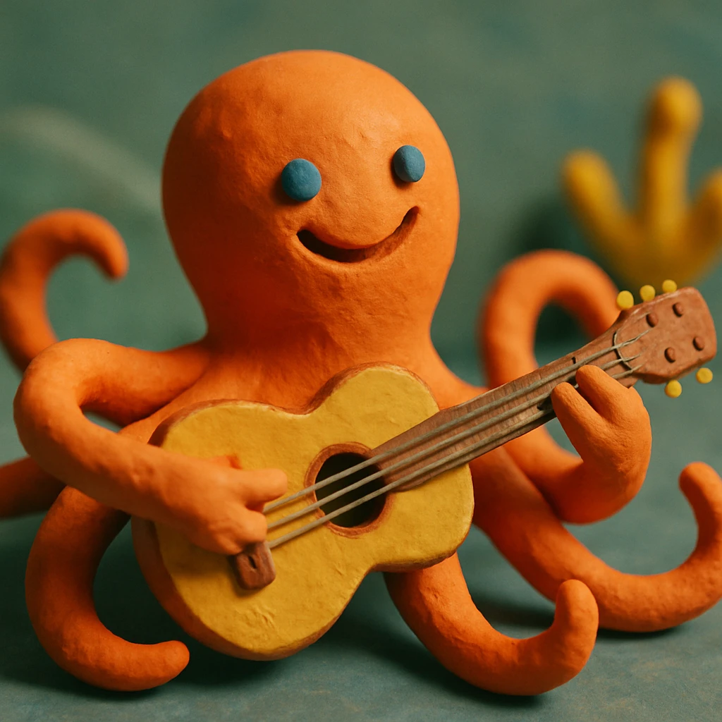 happy octopus with multiple arms playing guitar emoji