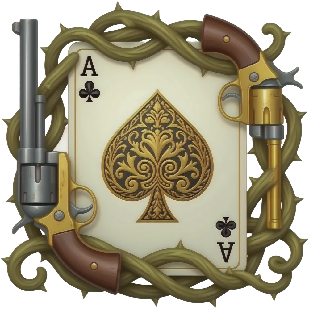 richly ornamented spade ace surrounded by tendrils of thorns and antique Colt 1851 Navy Revolvers emoji