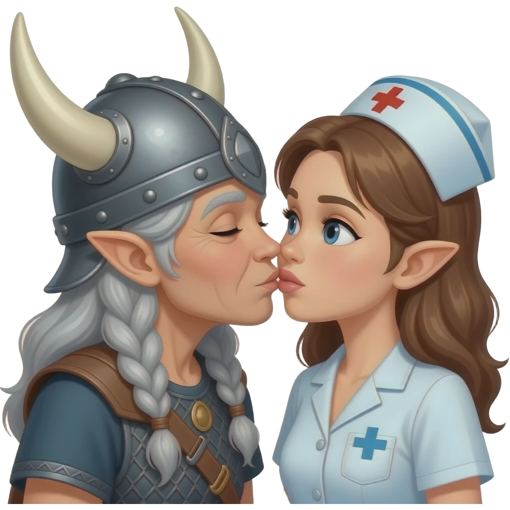 Viking helmet older woman with gray braids kissing pixie hair brunette old nurse cap on lips emoji